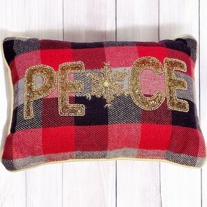 Plaid Peace Snowflake Gold Beaded Cherished Traditions  Decorative Pillow EUC